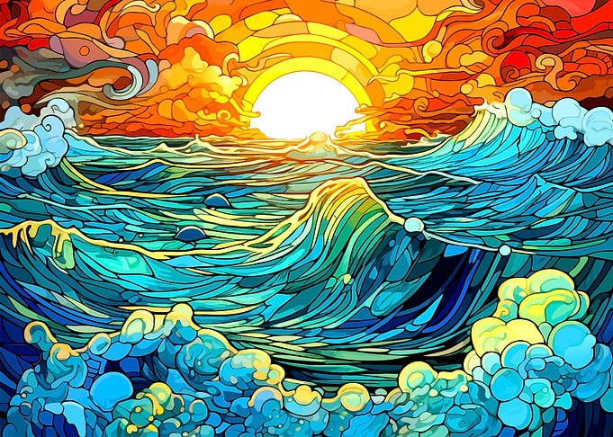 Stained Glass Style Ocean Sunset