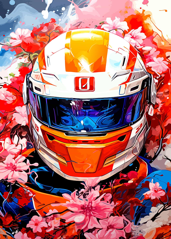 Racing Helmet Amidst Cherry Blossoms