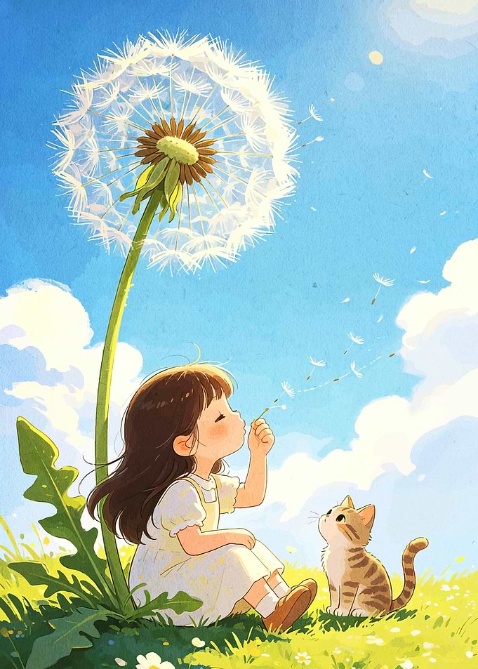 Girl Blowing Dandelion with Kitten