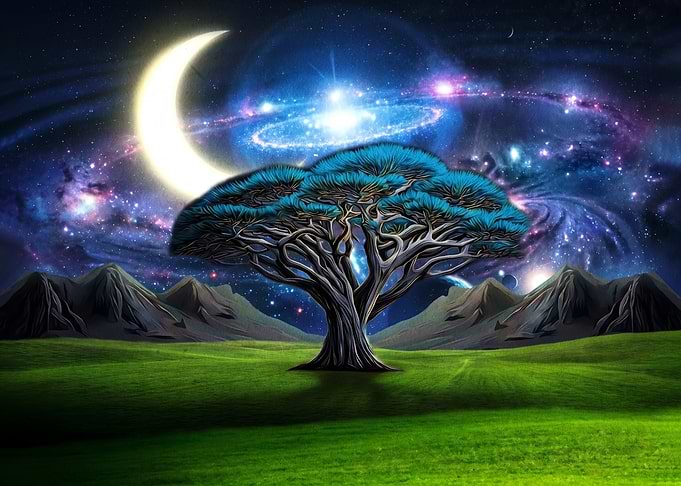 Cosmic Tree Under Crescent Moon
