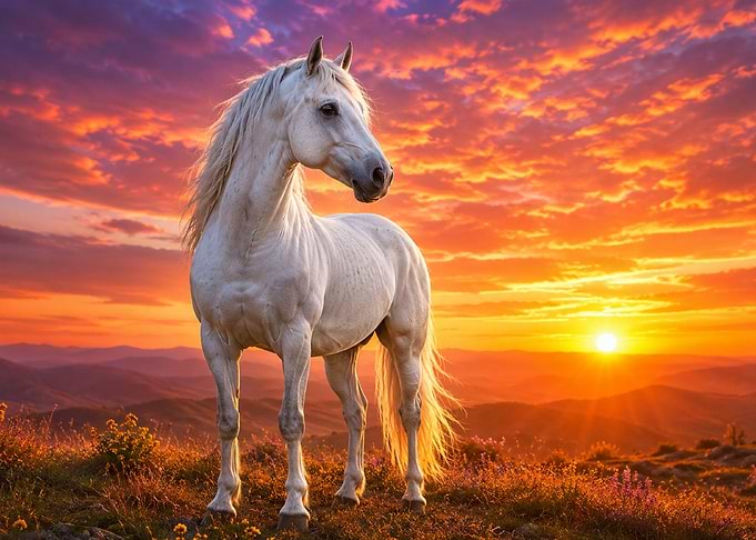 Majestic White Horse at Sunset