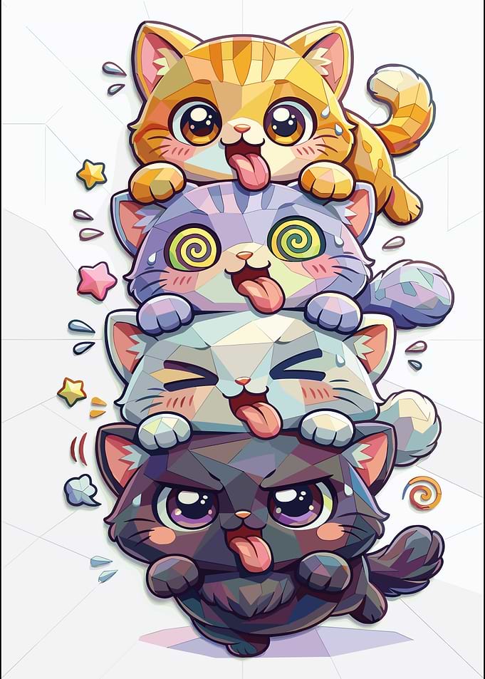 Stack of Four Cute Geometric Cats