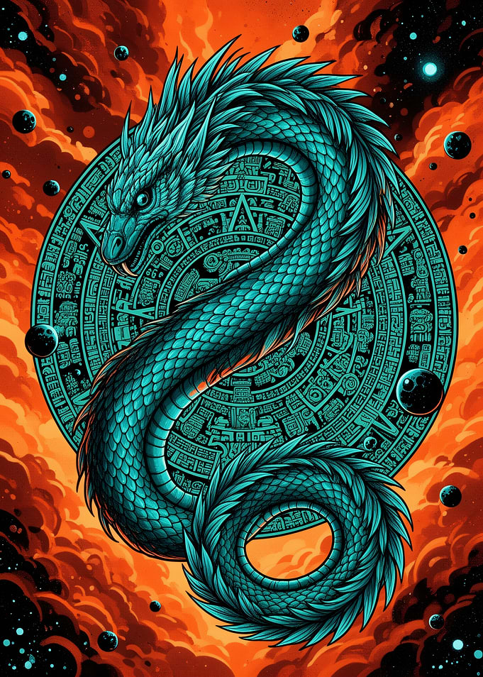 Teal Feathered Serpent Aztec Calendar