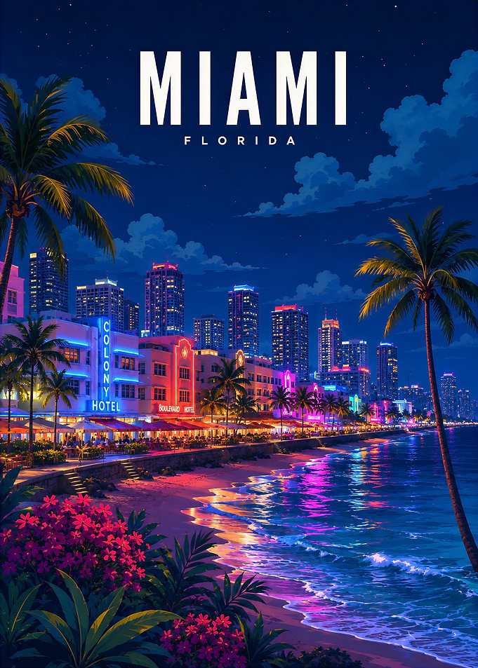 Miami, Florida Night Beach, Travel Poster
