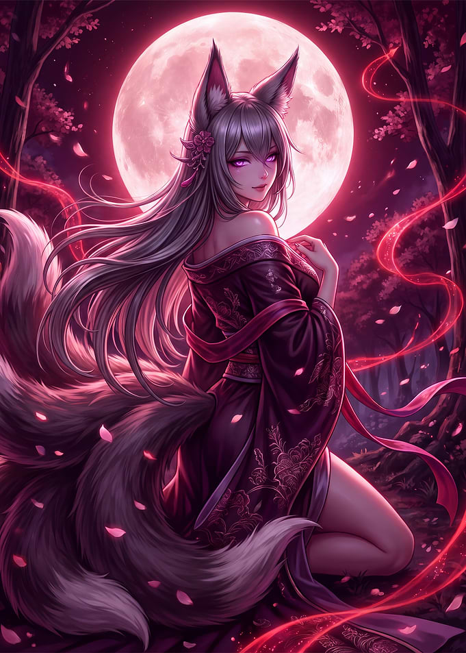 Kitsune Fox Spirit Under Full Moon