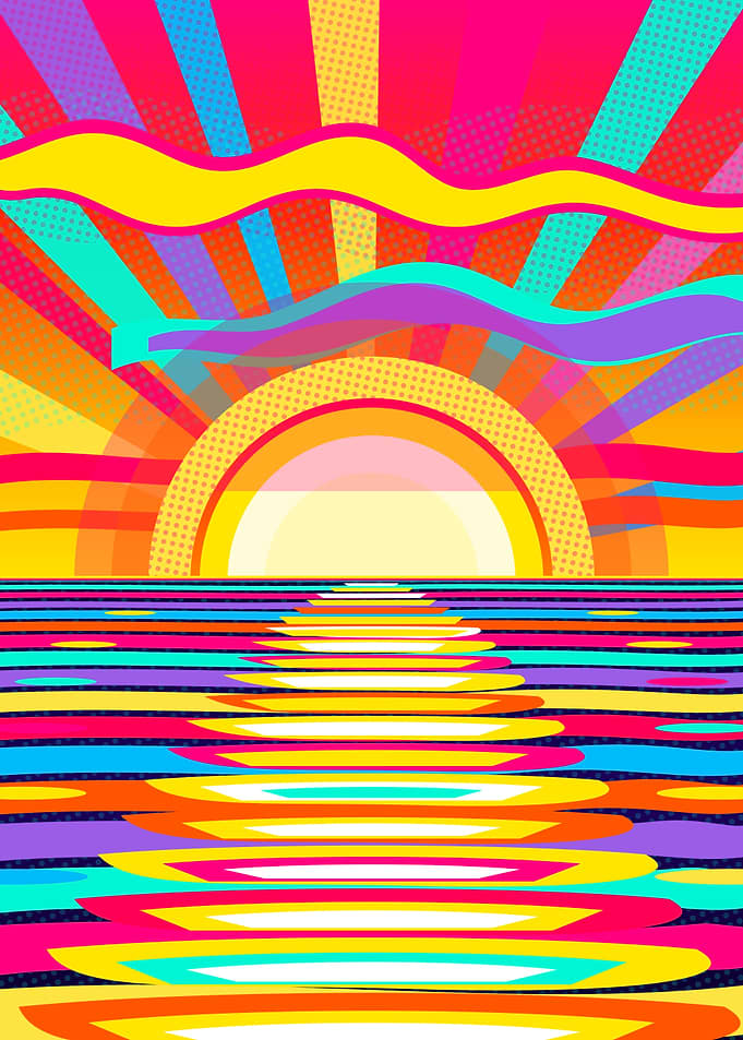 Vibrant Pop Art Sunset Over Water