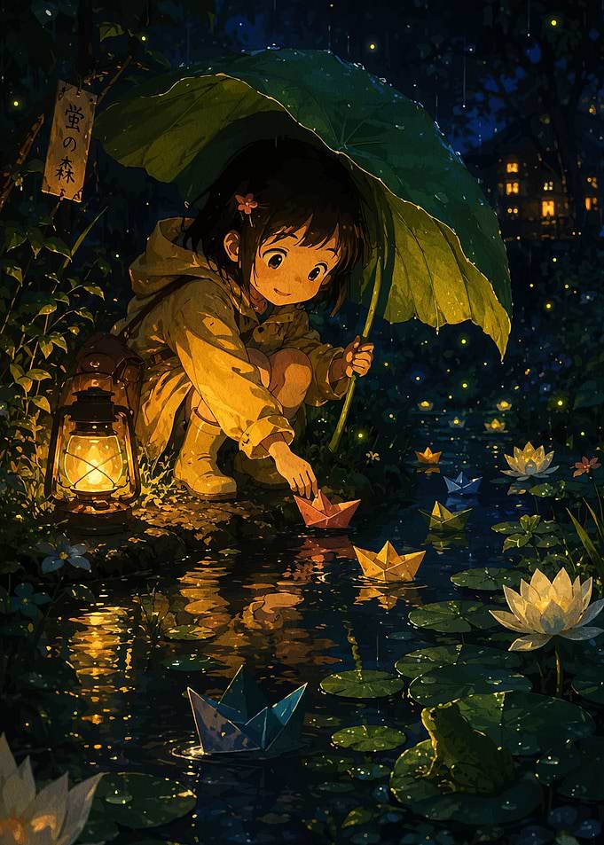 Girl with Paper Boats in Rain