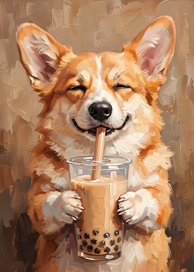 Corgi Enjoying Bubble Tea Painting
