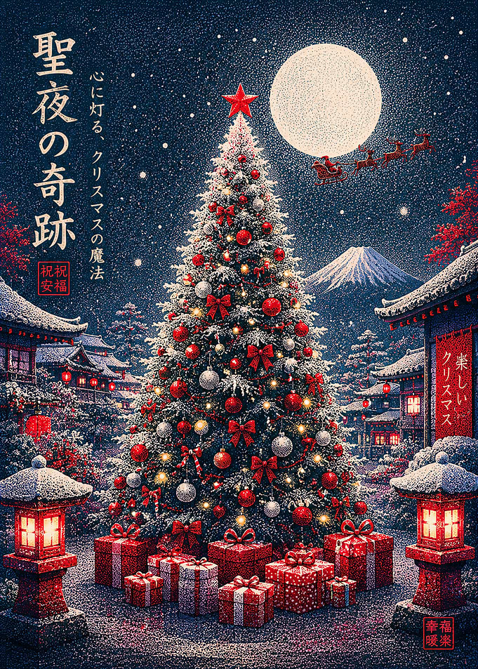 Japanese Christmas Night with Mount Fuji