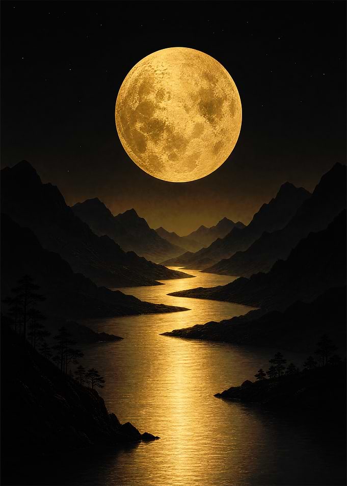 Golden Moon Over Mountain River