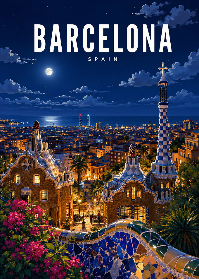 Barcelona Park Güell Night View Poster