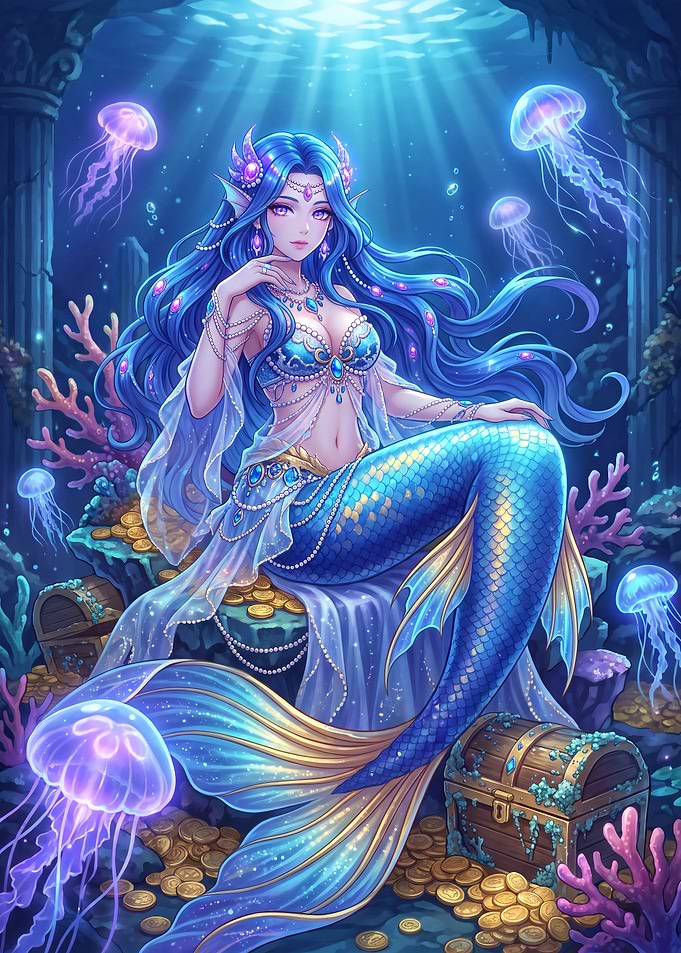 Beautiful Mermaid Queen in Underwater Treasure