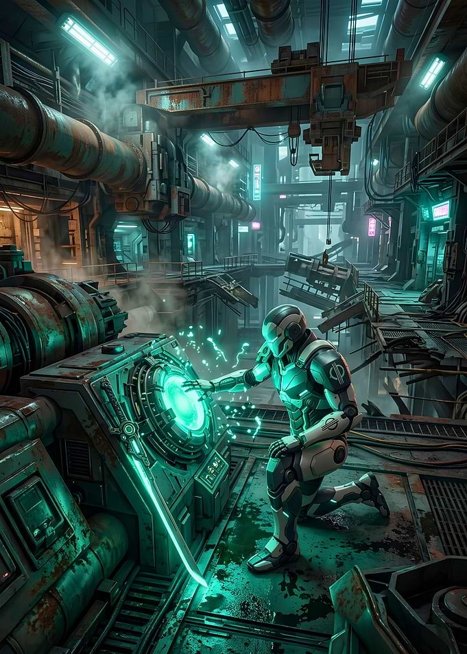 Futuristic Cyborg Interacting with Energy Core