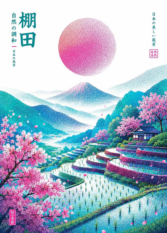 Japanese Terraced Rice Fields and Sakura