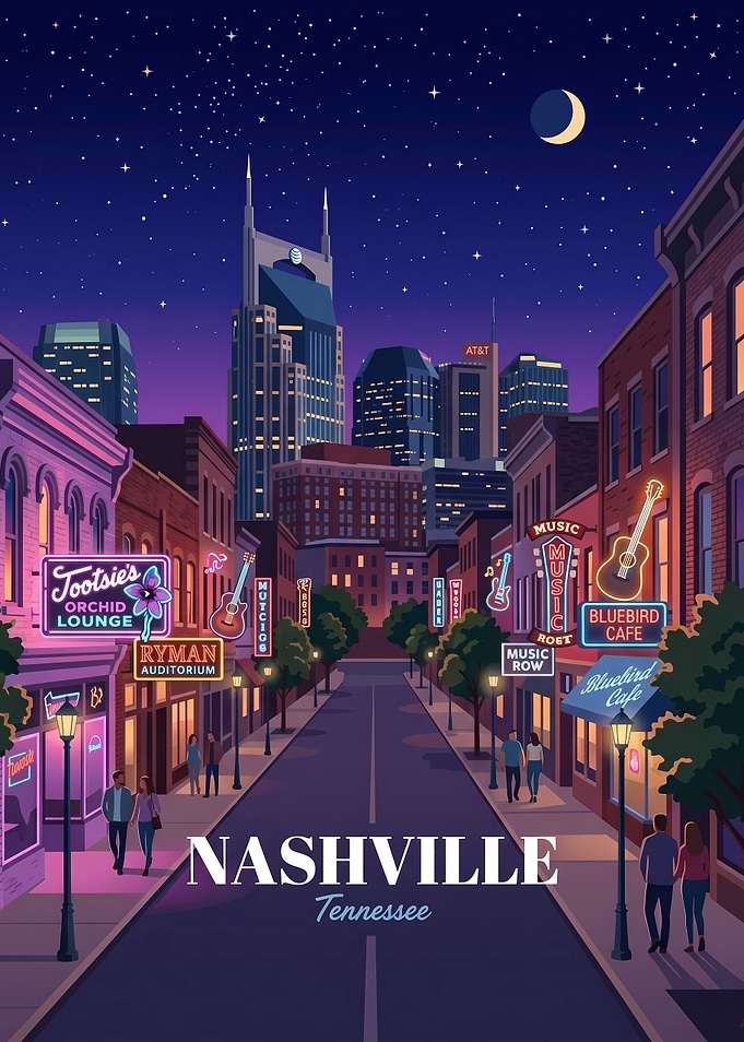 Nashville Tennessee Nightlife Cityscape Poster