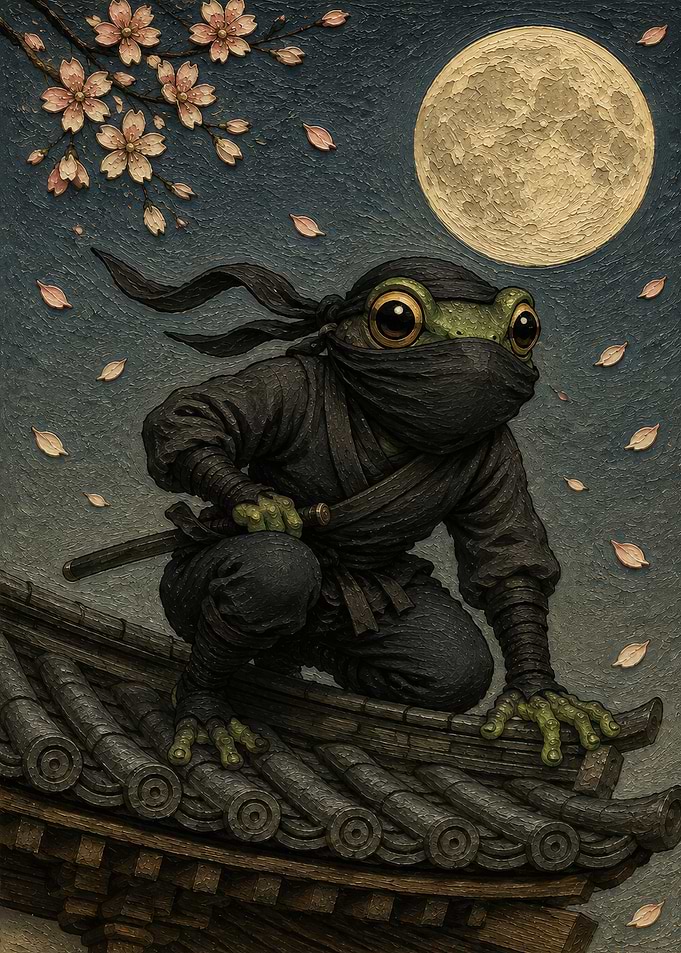 Ninja Frog on Rooftop at Night