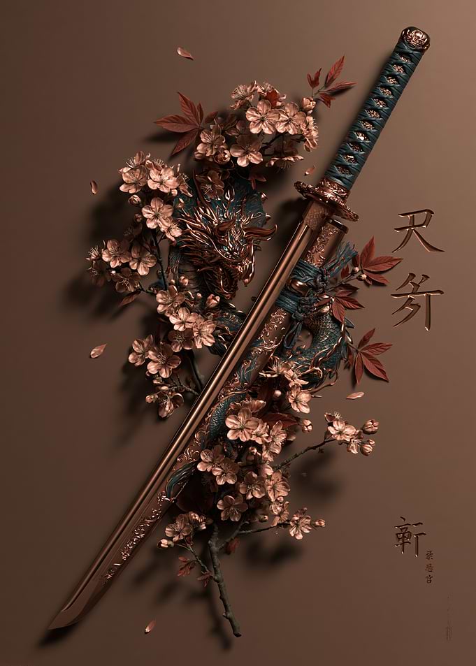 Elegant Katana with Dragon and Blossoms