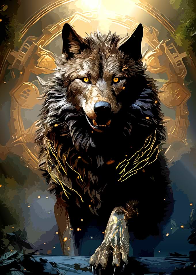 Majestic Golden Glowing Wolf Portrait