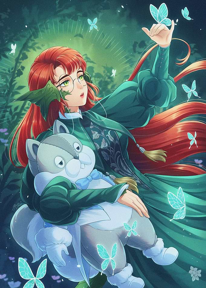 Anime Girl with Plush and Butterflies