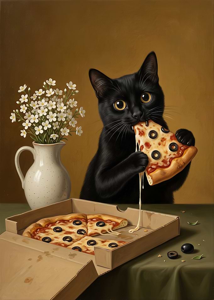 Black Cat Eating Pizza Slice Food funny Cats