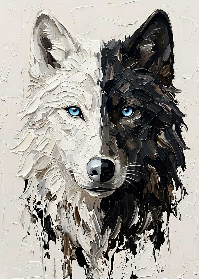 Split Face Black and White Wolf