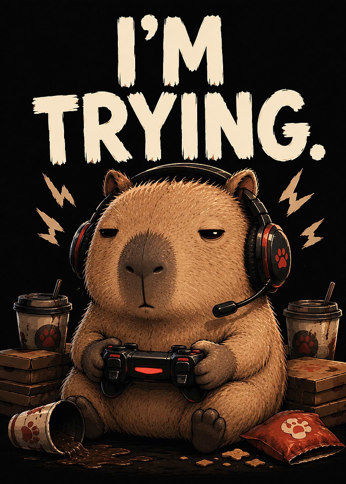 Funny Gamer Capybara Poster I'm Trying Gaming Room Art