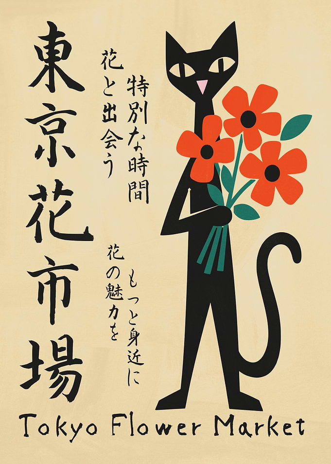 Tokyo Flower Market Black Cat Poster