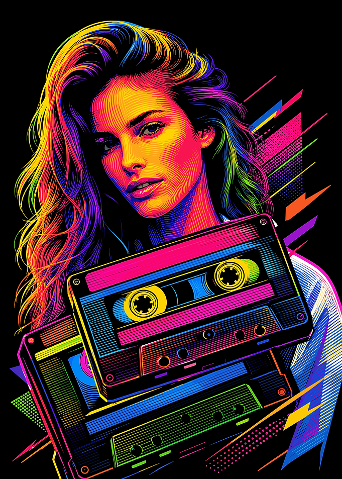 Neon Retro Cassette Girl Portrait