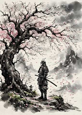 Samurai Standing Under Cherry Blossom Tree