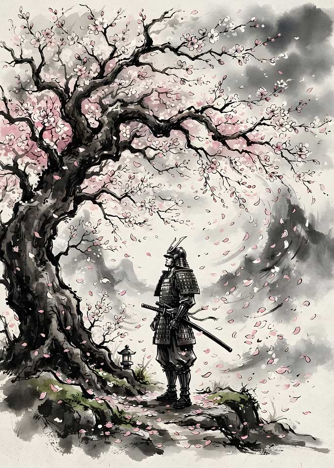 Samurai Standing Under Cherry Blossom Tree