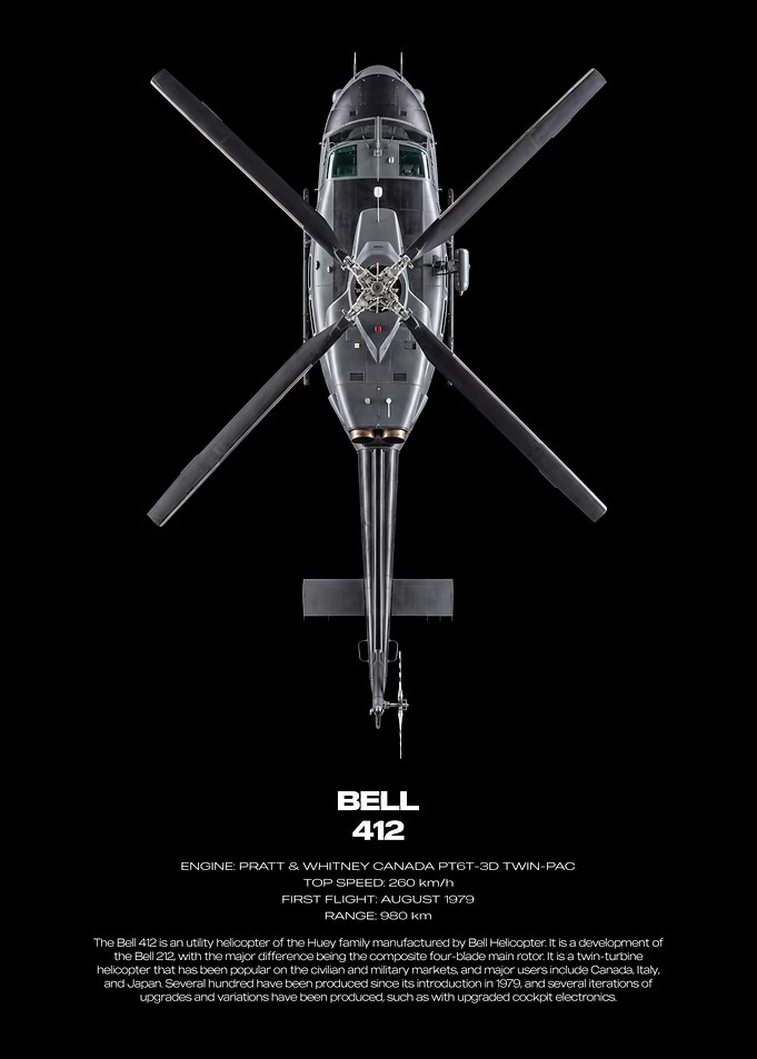 Bell 412 Helicopter Technical Poster