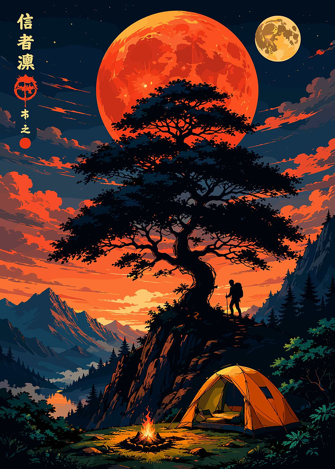 Hiker Camping Under Giant Red Moon