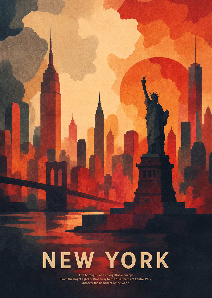 New York City USA Red Sunset Abstract Travel Poster