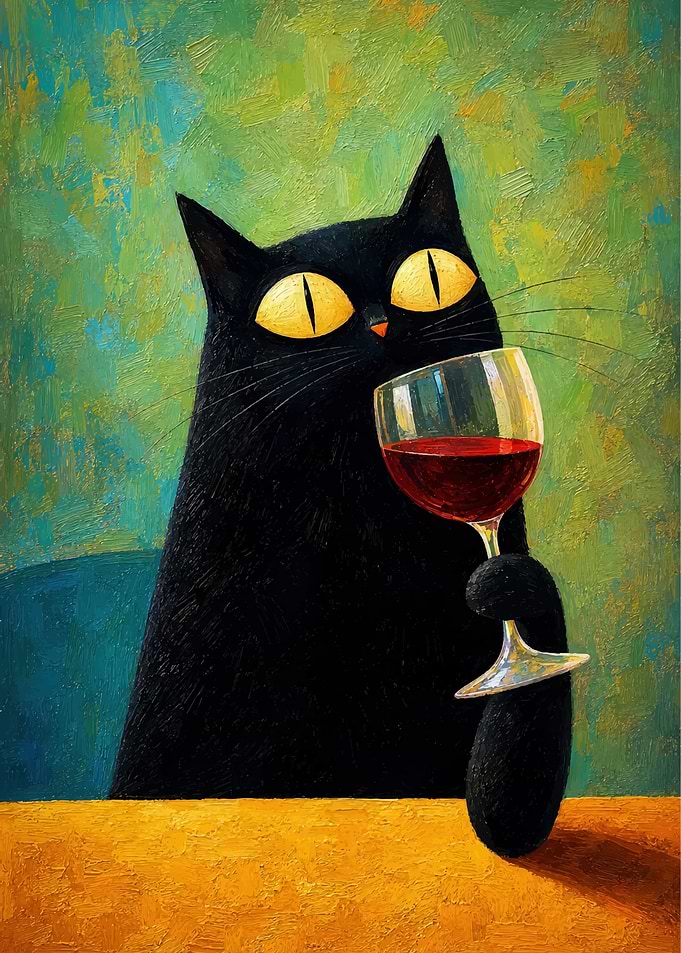 Black Cat Drinking Red Wine