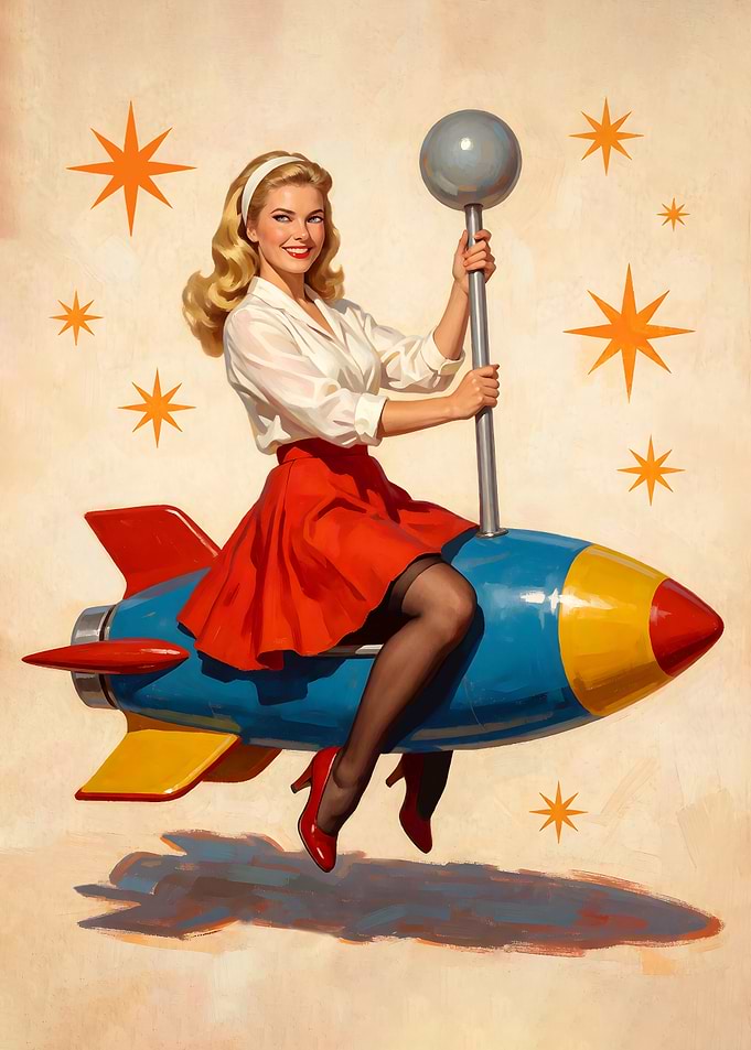Retro Pin-up Girl Riding Rocket
