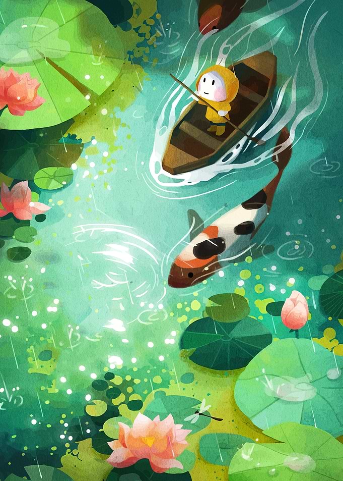 Cute character rowing boat in pond