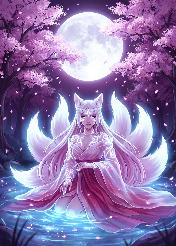 Kitsune Spirit Under Full Moon