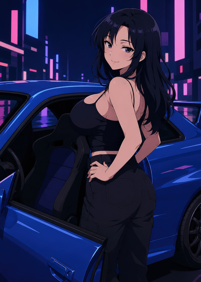 Anime Girl with Blue Sports Car