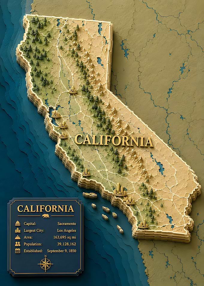 California 3D Topographic Map