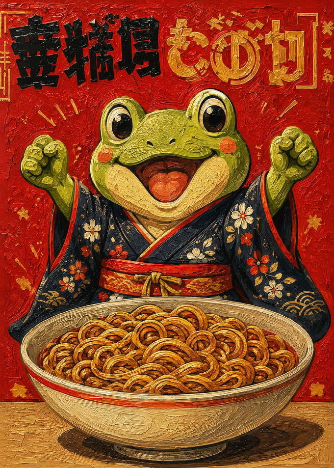 Happy Frog Eating Ramen Painting