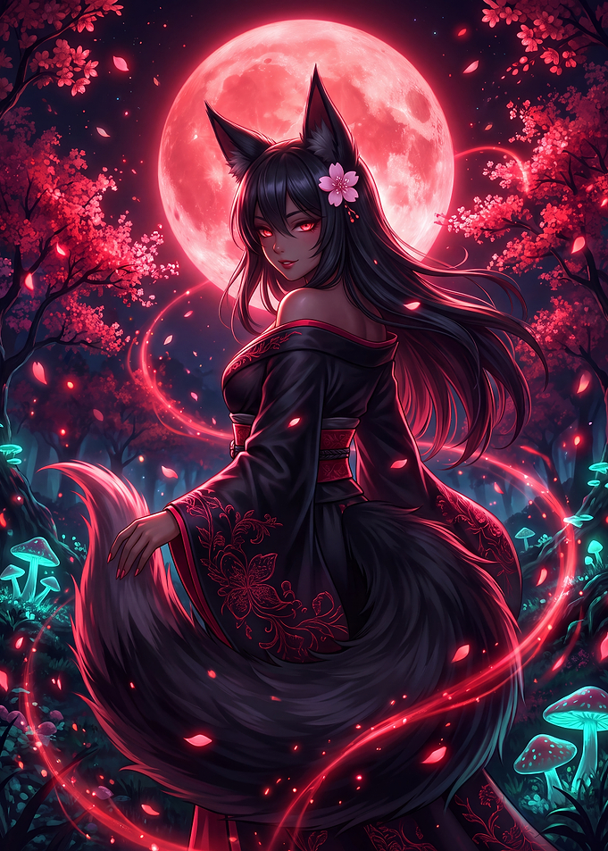 Fox Girl Under Red Moon