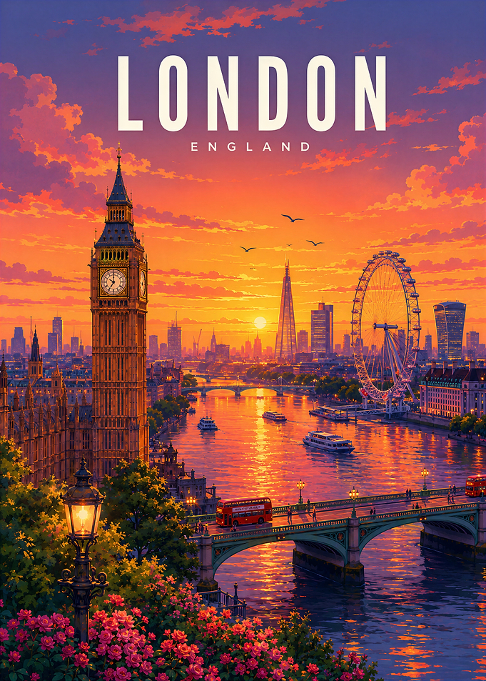 London, England Sunset, Travel Poster