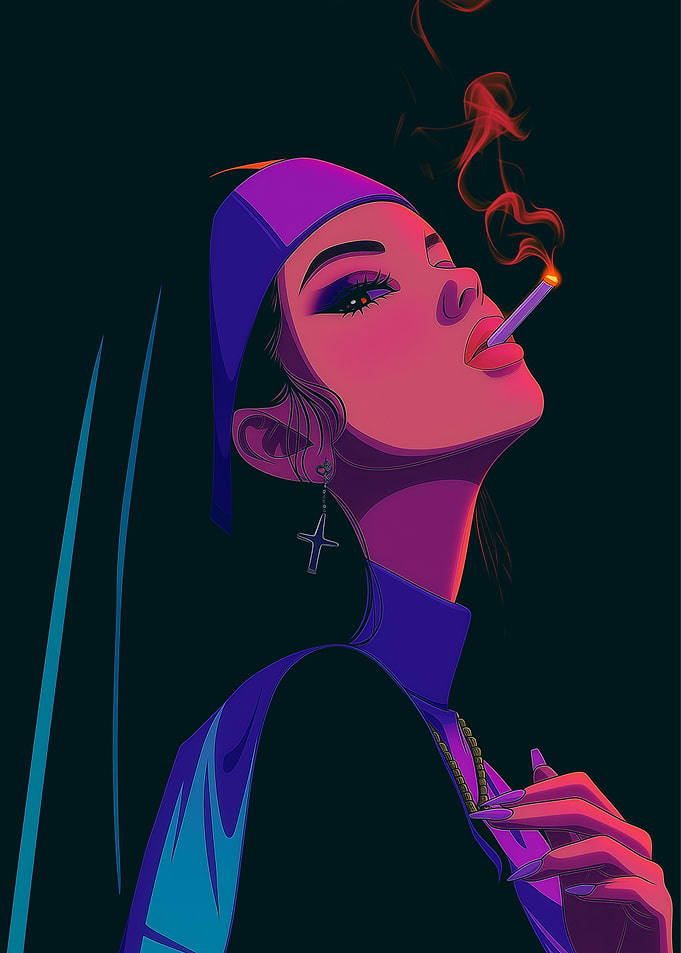 Neon Cyberpunk Nun Girl Smoking Portrait