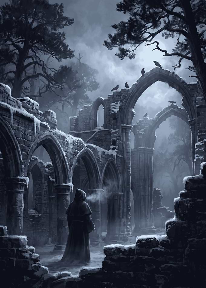 Hooded Figure in Snowy Gothic Ruins