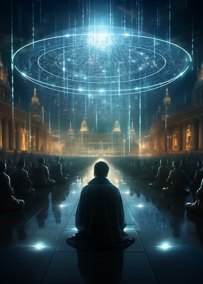 Futuristic Meditation Under Digital Halo