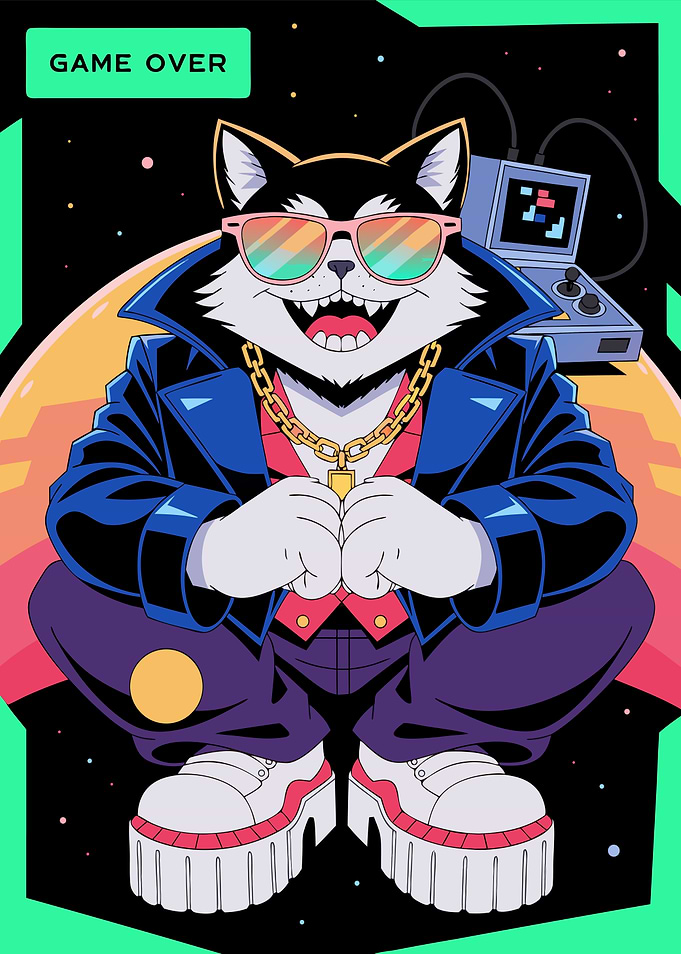 Cool Retro Gaming Cat Illustration