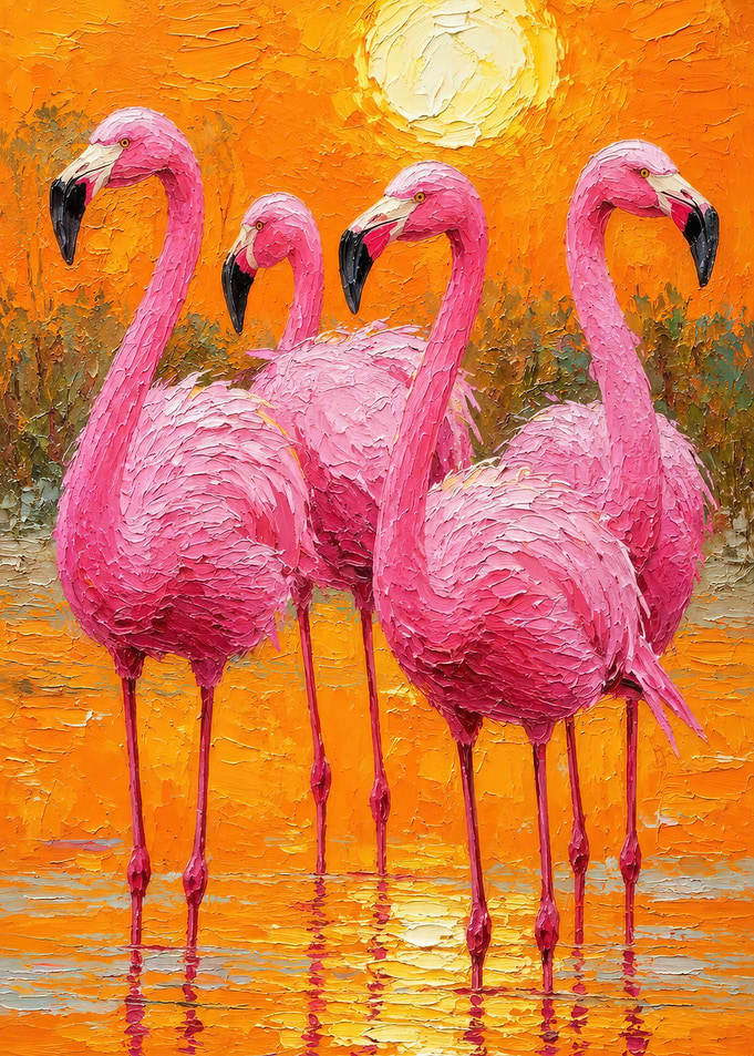 Vibrant Oil Painting of Flamingos