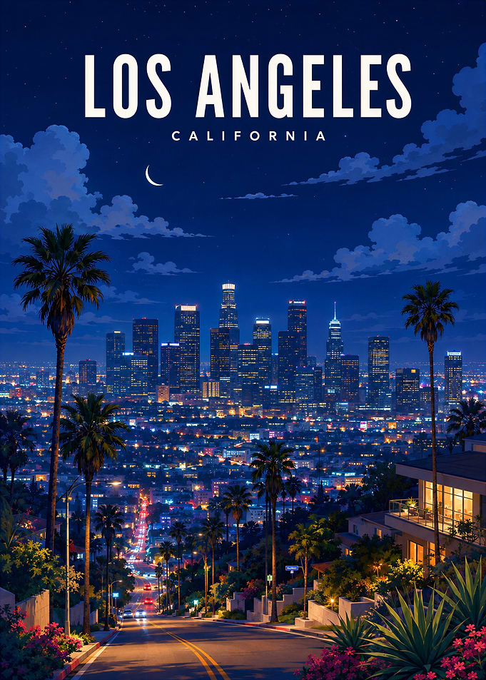 Los Angeles California Night Skyline Poster