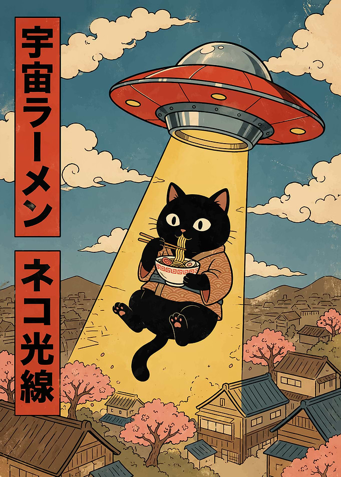 UFO Abducting Ramen Eating Cat