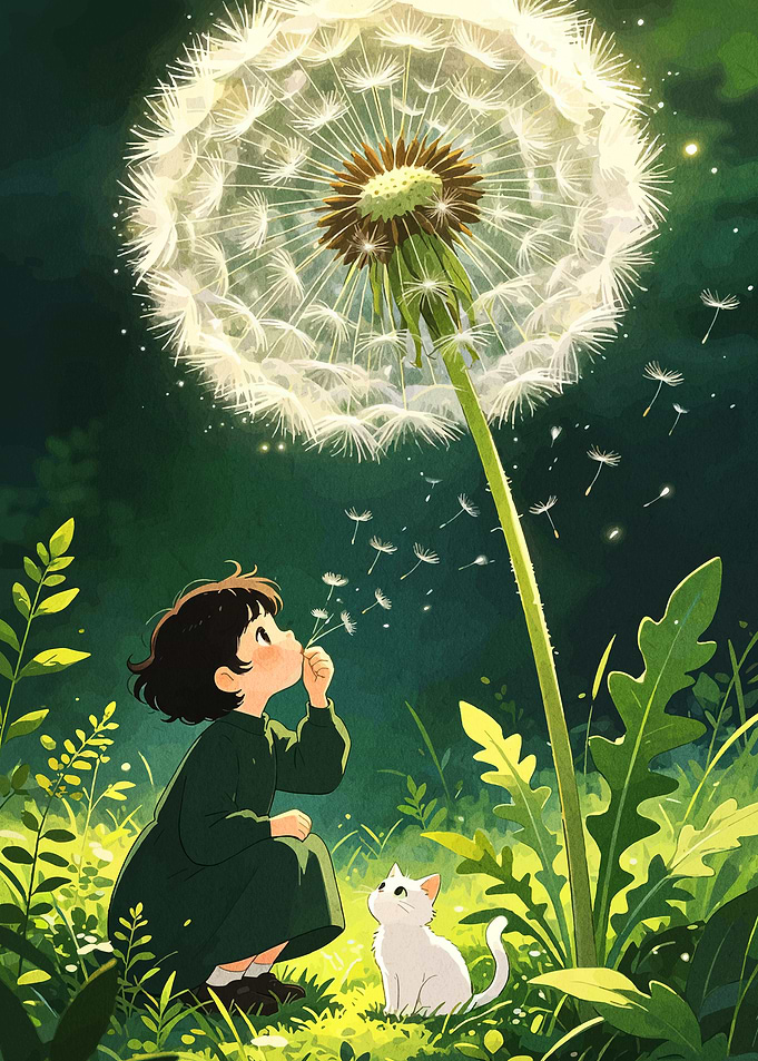 Girl and Cat with Giant Dandelion